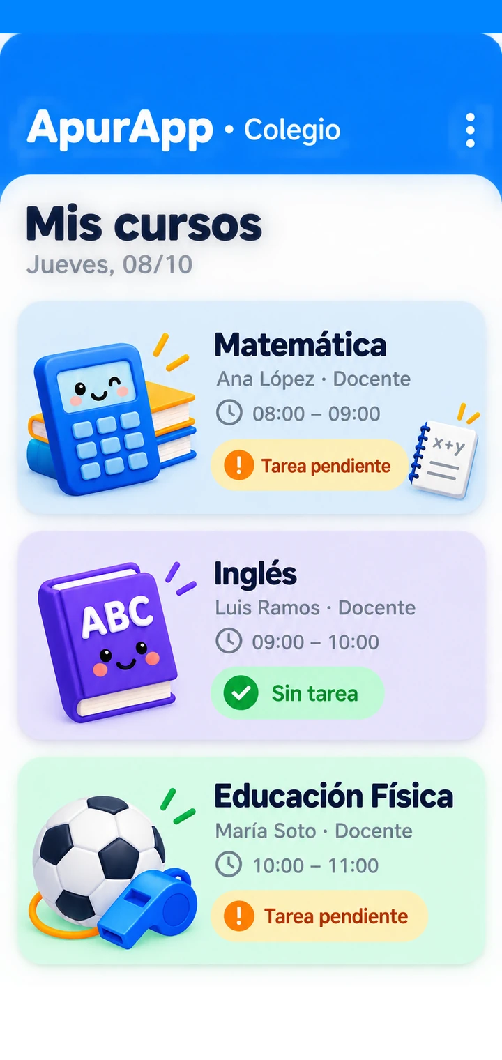 Cursos de Matemática, Inglés y Educación Física con horarios y tareas pendientes