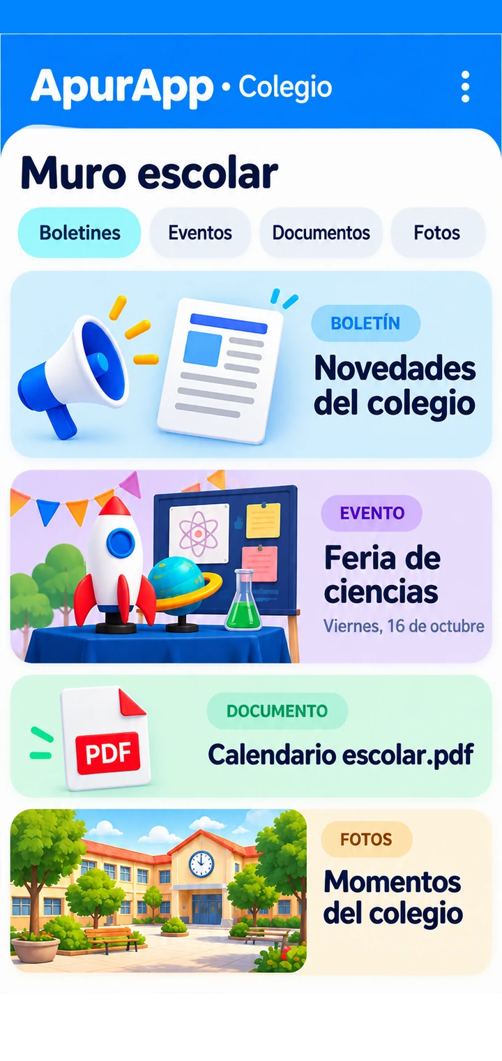 Muro escolar con boletines, eventos, documentos y fotos del colegio